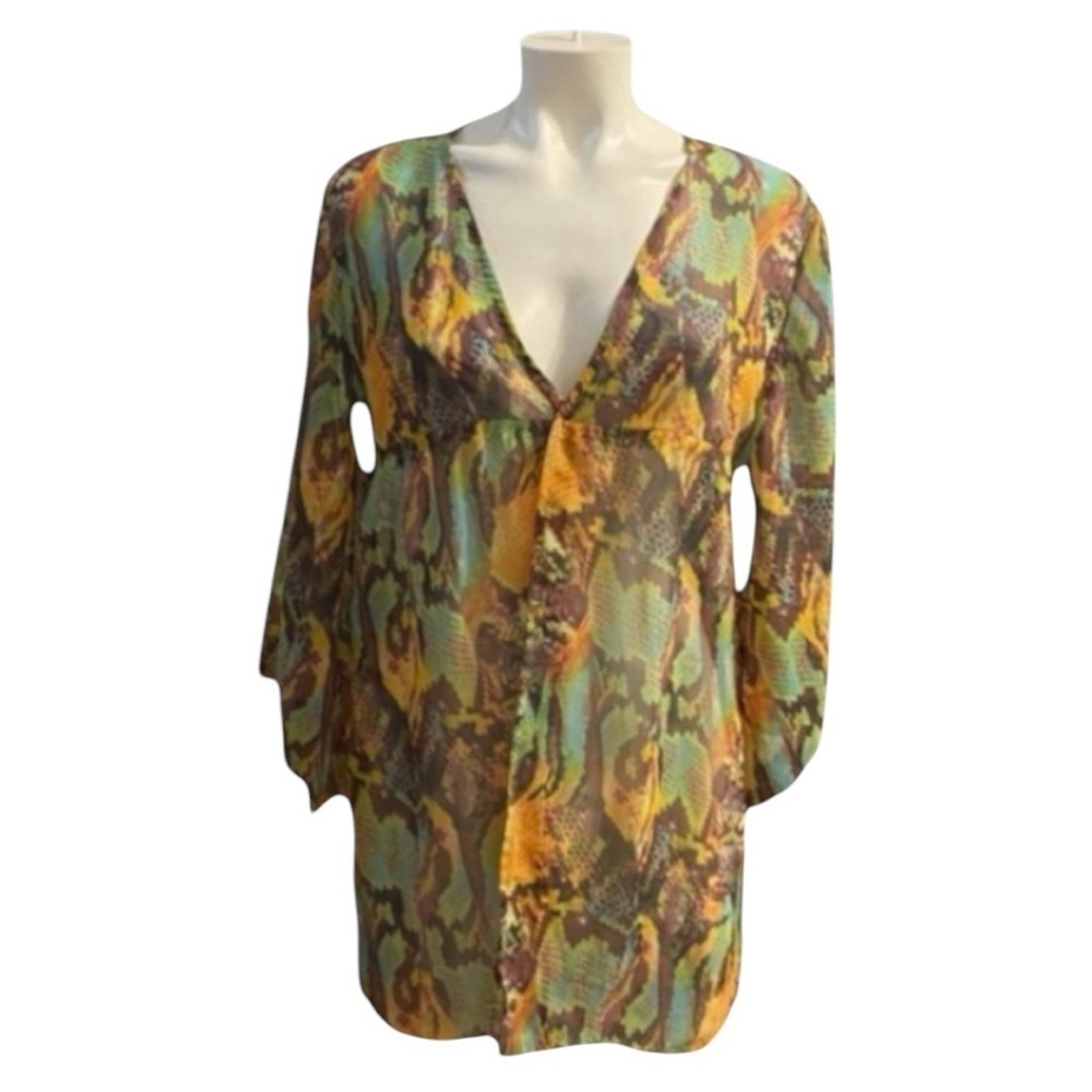EUC PILYQ Women’s Cover Up Swimwear Size XS-S Snakeskin Print Blue Yellow Brown